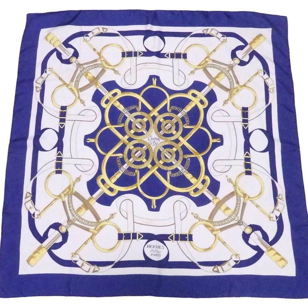 Auth HERMES Carre 90 Sellier Eperon d'Or Scarf Blue/White/Multicolor - Picture 1 of 12